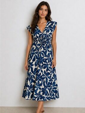 MANGO Blue & White Floral Midi Dress | Tropical Print V-Neck | Size 6